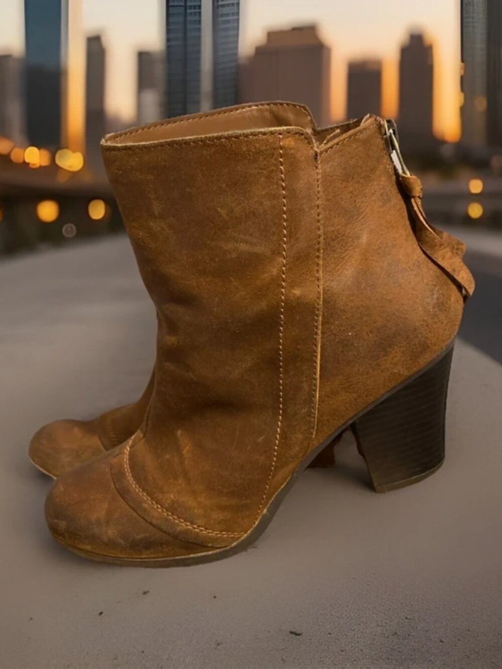 Bar III Jillian Midcalf Boots Womens Leather Ankle 3” Heels Brown Back Zipper - Picture 2 of 5